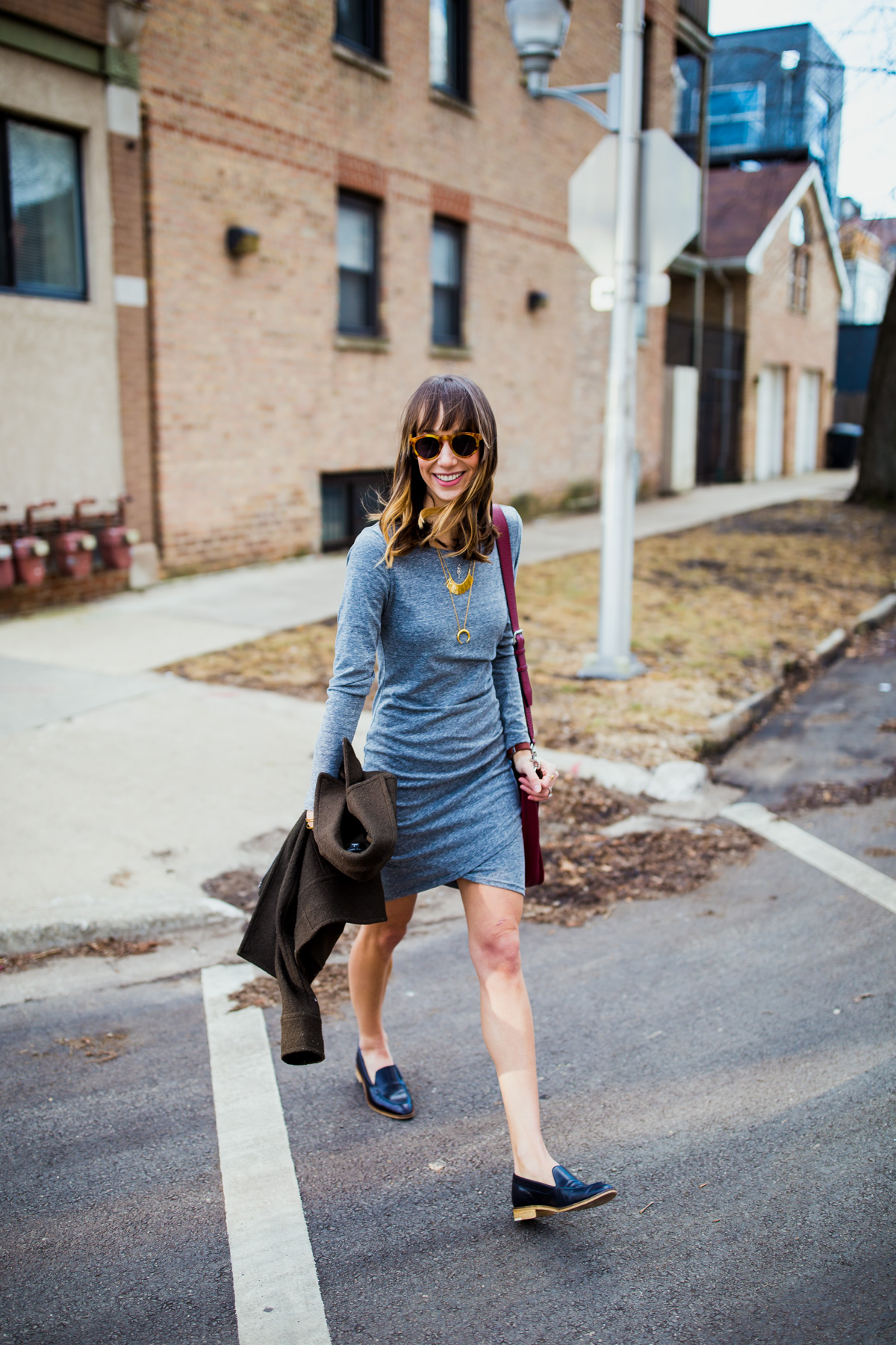ruched grey t-shirt dress with navy loafers
