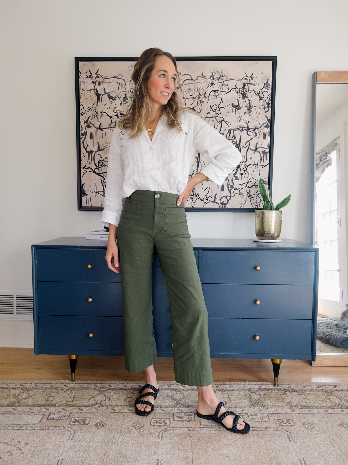 white button up and green pants