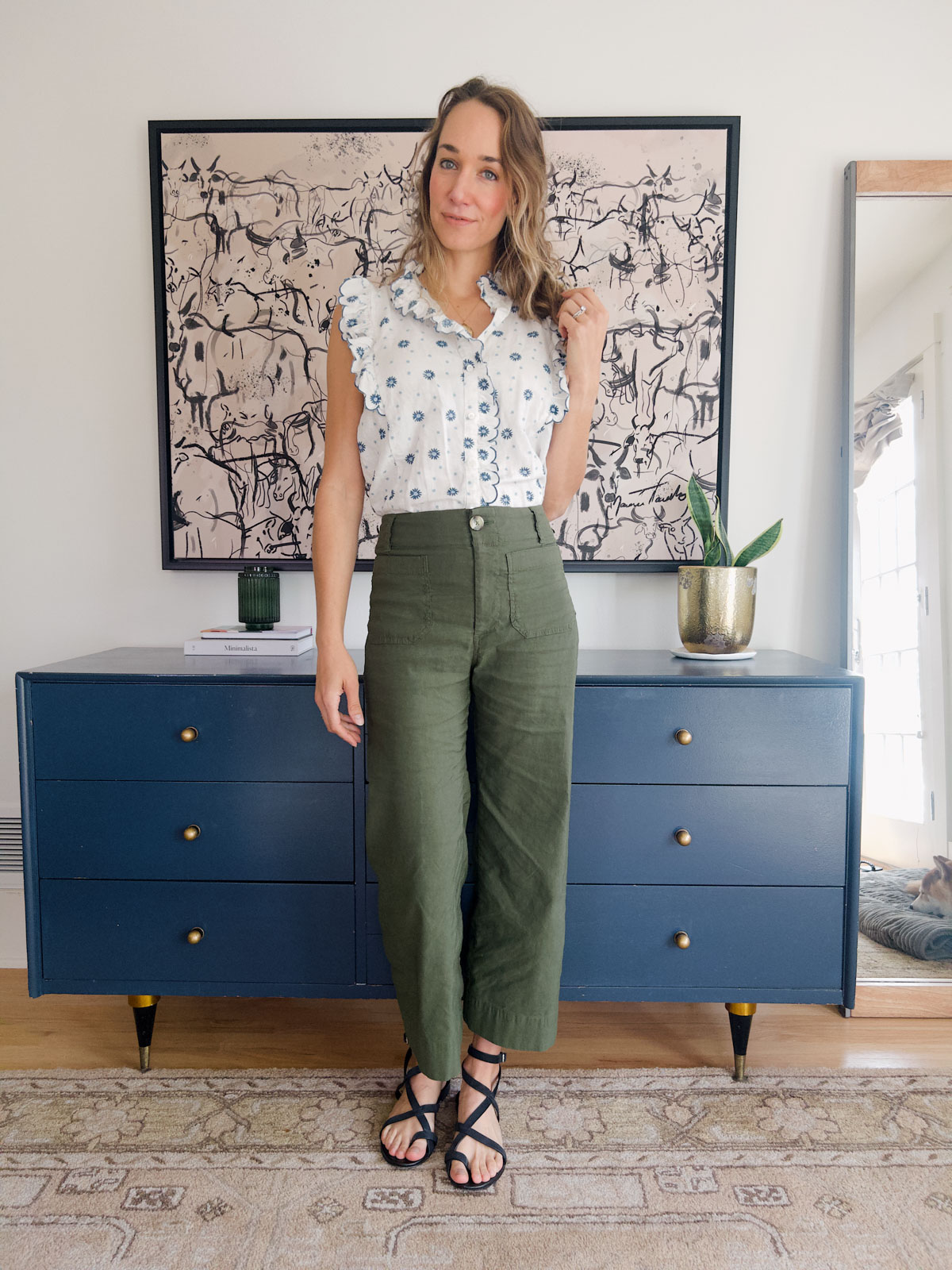 floral shirt and green pants