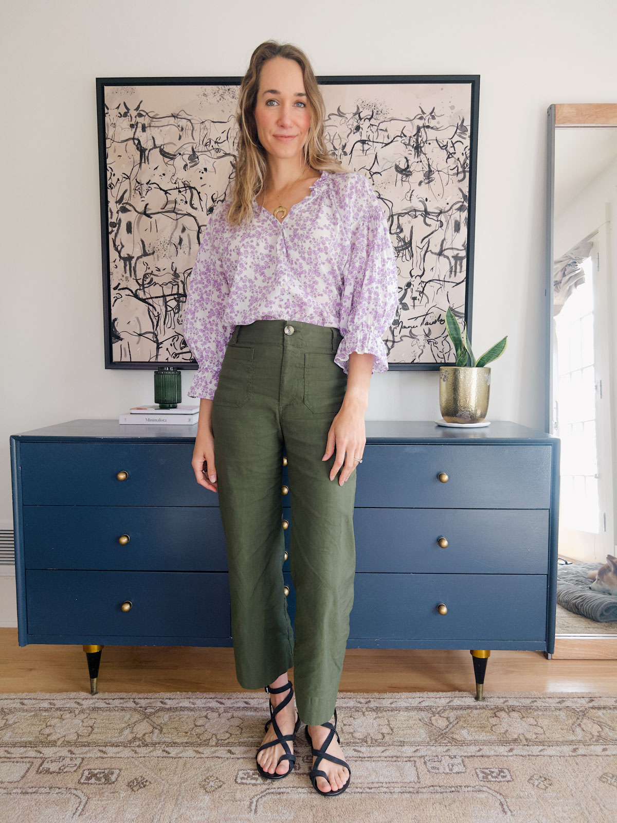purple shirt and green pants