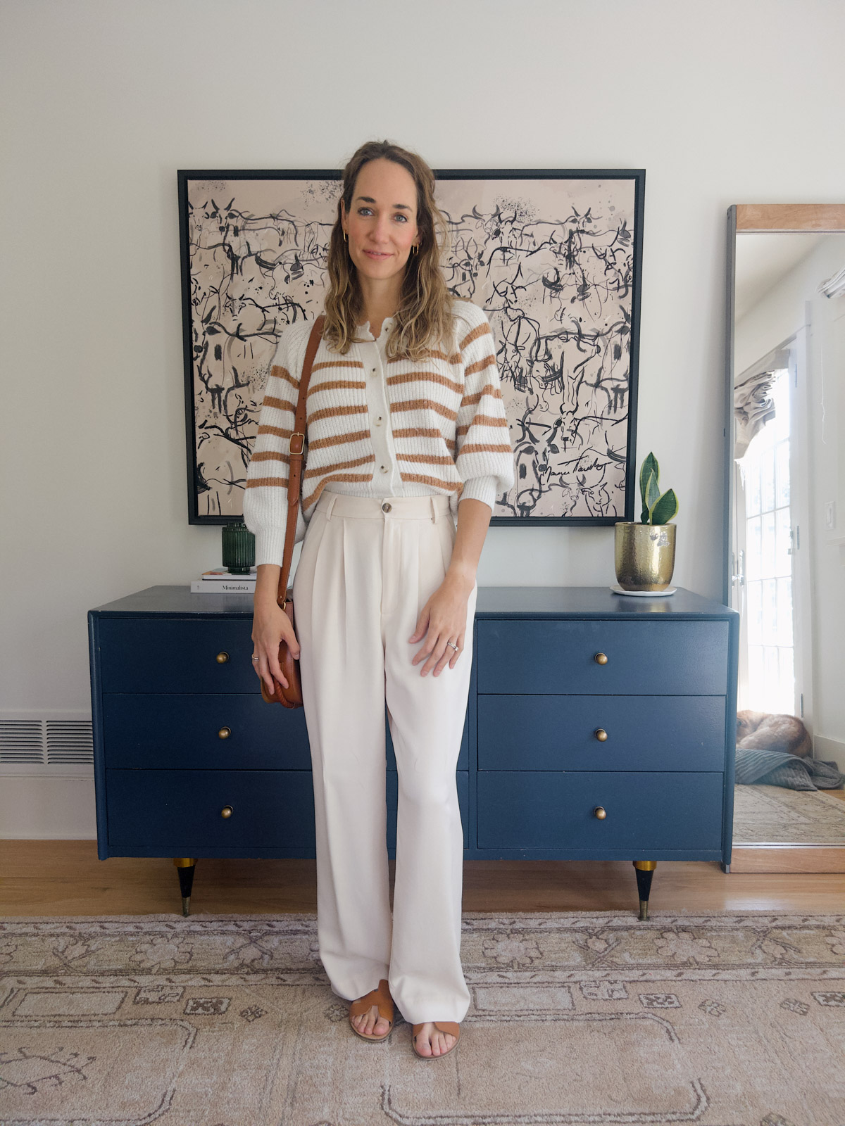white pants outfit with cardigan